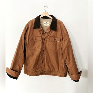 Woolrich Sherpa Lined Trucker Jacket Mens XL Tan Cotton Canvas Brown Collar
